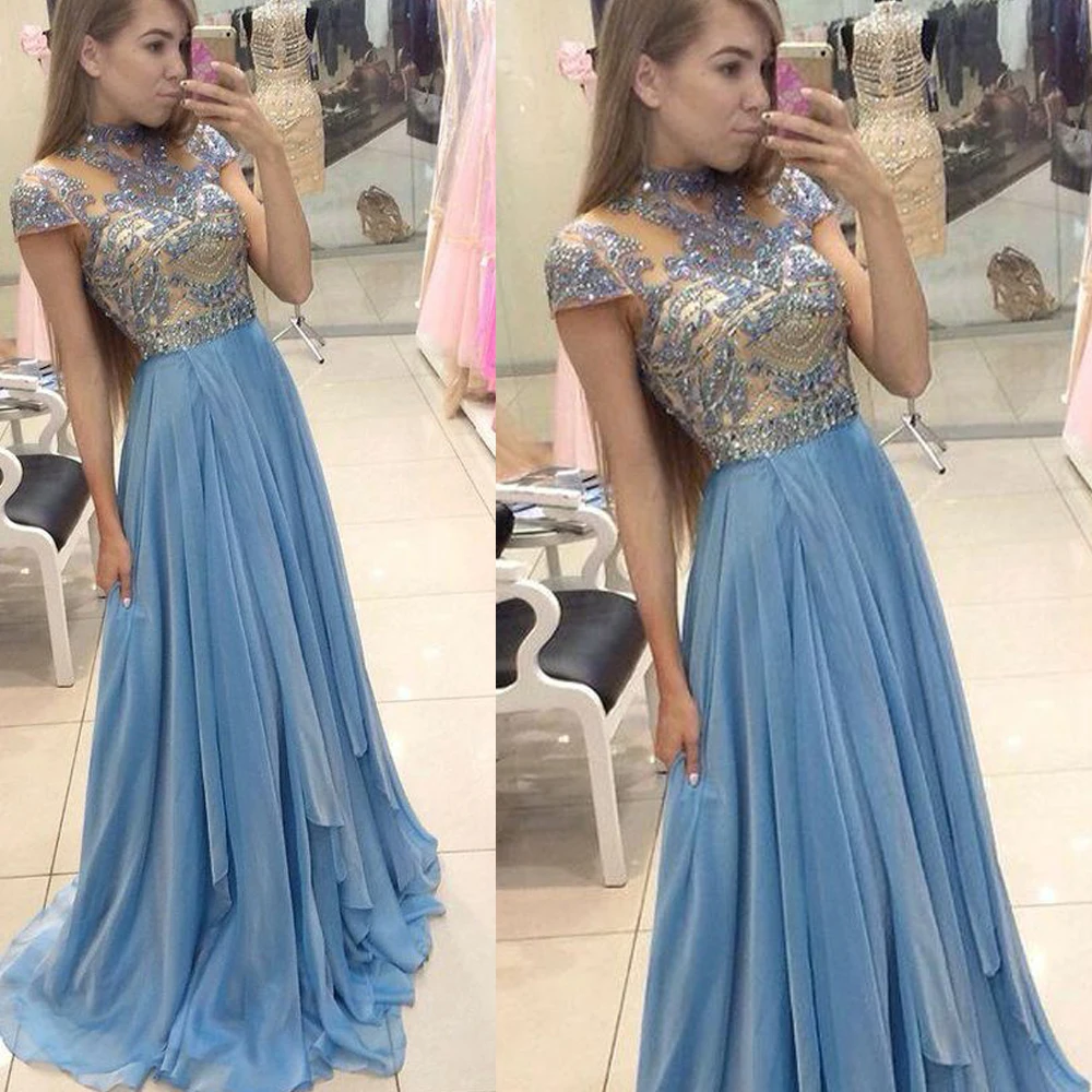 blue prom dresses 2019 crew neckline beaded sequins crystal a line chiffon evening dreses women party dresses