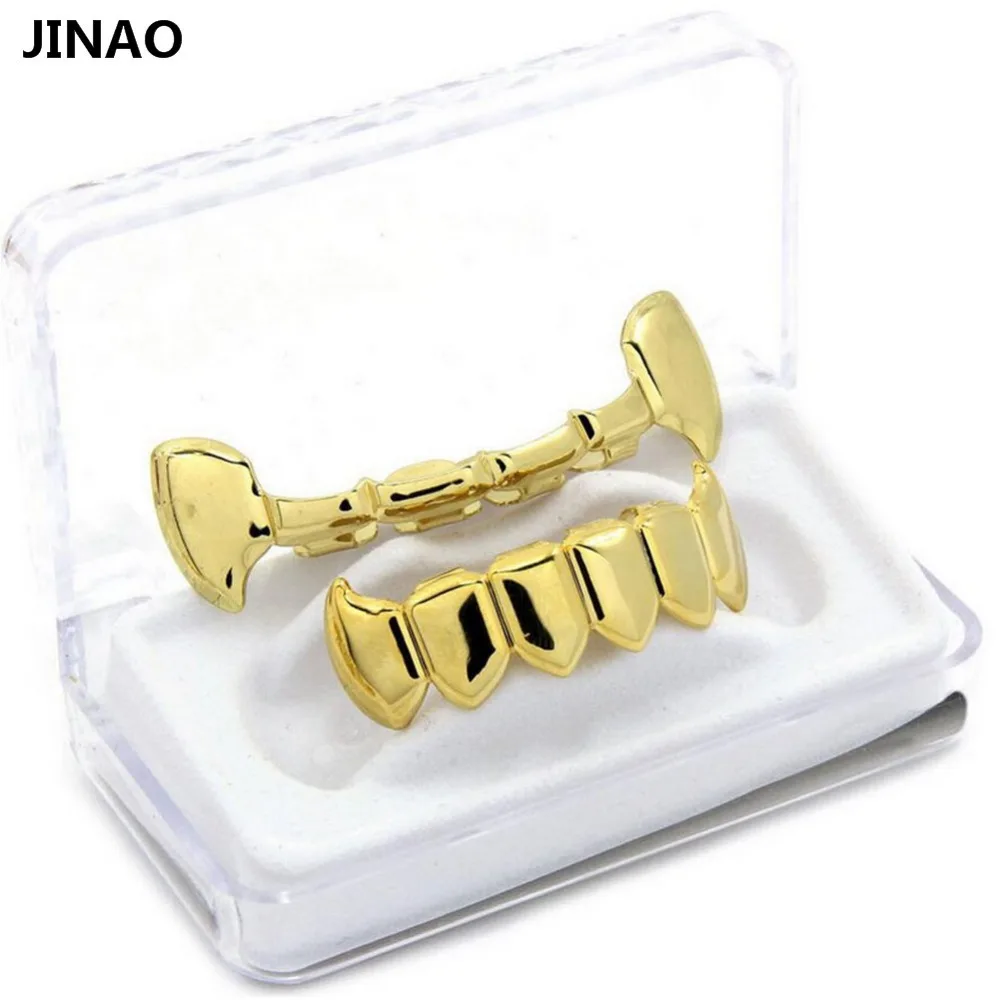 JINAO New Fit Gold Color Plated Hip Hop Teeth Half Fang Top & Solid Fangs Bottom Grillz Vampire Set.Gift