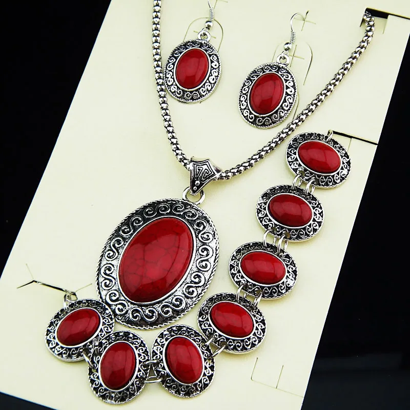 Retro Jewelry Sets Vintage Antique Tibetan Silver Oval Red Natural Stone Earrings Bracelet Necklace Women Jewelry Set A696