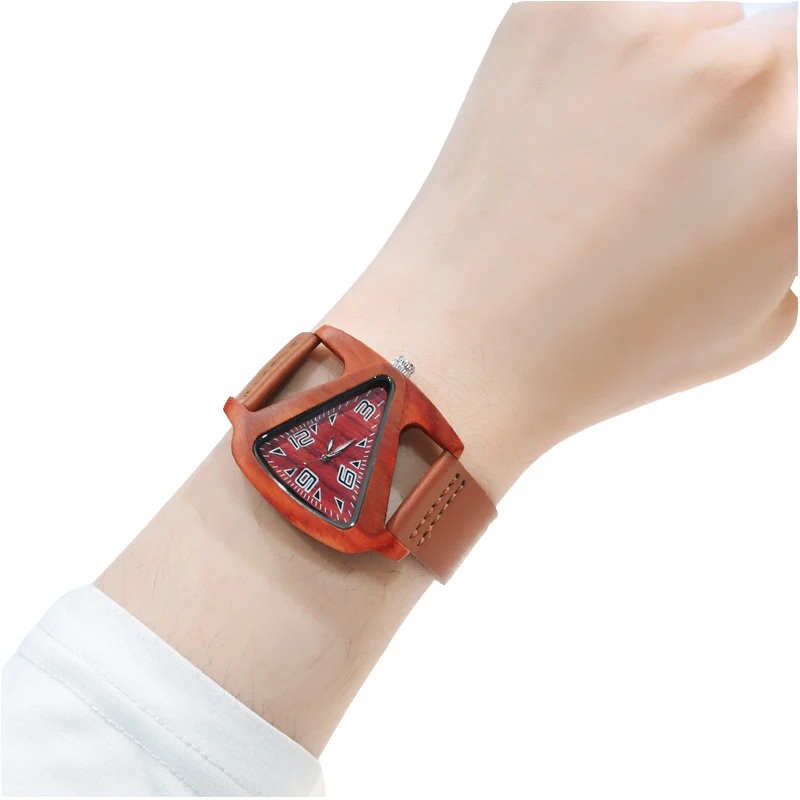 Unisex Charm Glass Bamboo Wooden WatchesFor  Women Fashion  Triangle Genuine   Leather Analog Quartz  Wrist Watch