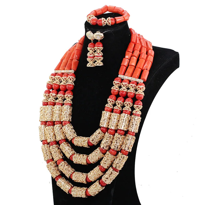 Dubai African Party Costume Jewellery Set Luxury 4 Layers Full Coral Beads Necklace Set Real Coral Beaded Wedding Jewelry ABH747