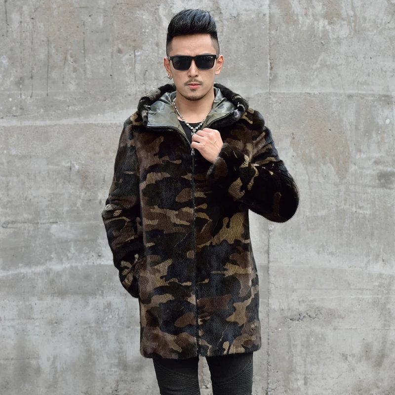 Ftangaiur Winter Men Jacket  Import Velvet Mink Fur Coat With Fur Hood Camouflage Men's Long Smart Causal Real Mink Coats