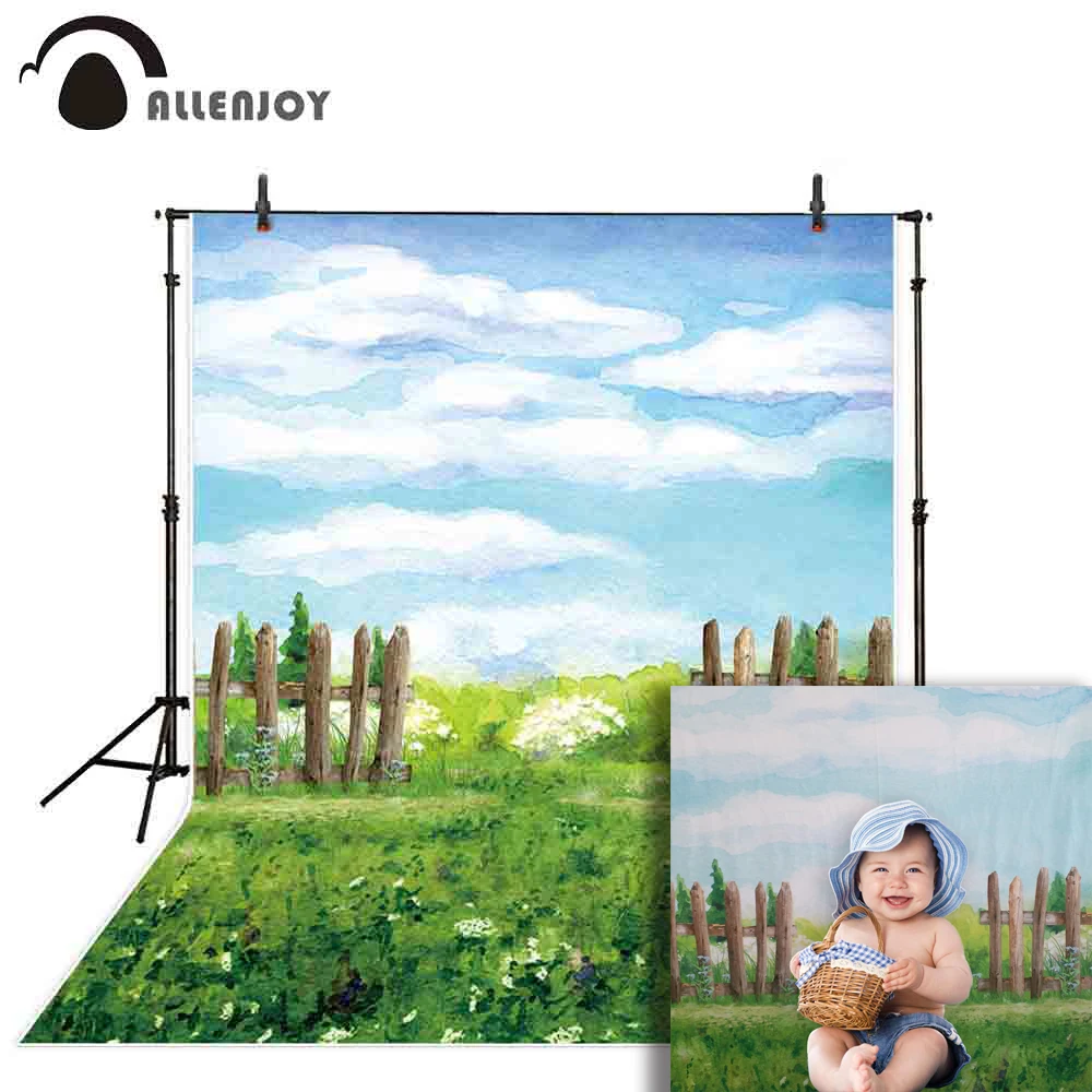 Allenjoy spring backdrops for photography oil painting sky clouds fence grass baby newborn background photocall photobooth