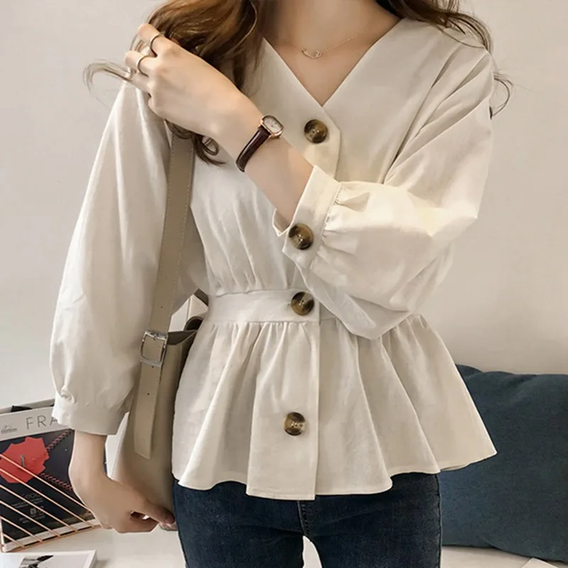 Casual Con Scollo A V Button Up Increspature Sottili delle donne Della Vita Del Manicotto Lungo Solido Camicetta Del Manicotto Del Batwing Delle Donne Della Camicia Magliette E Camicette Femminile autunno