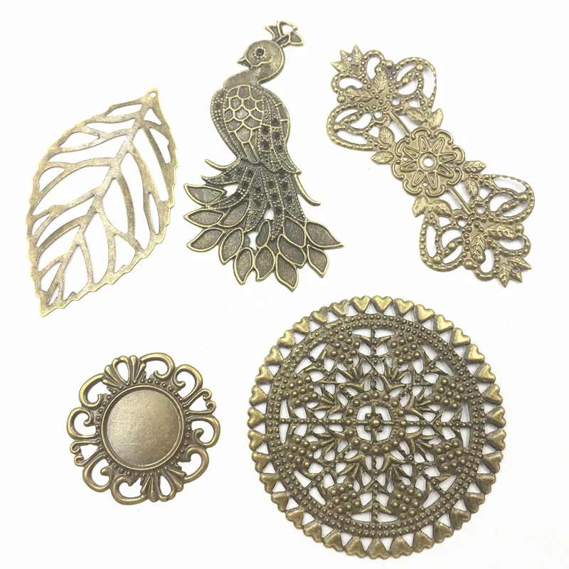 10Pcs Connectors Bag Ornament Decoration Filigree Wraps Leaf Peacock Round Mixed Bronze Tone Alloy For Jewelry DIY Finding