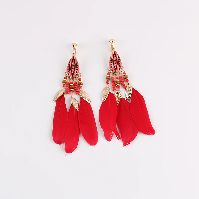 Fashion Bohemian Long Tassel Enamel Feather Clip on Earrings for Women Without Piercing Hanging Ear Clips Female Bijoux 2018