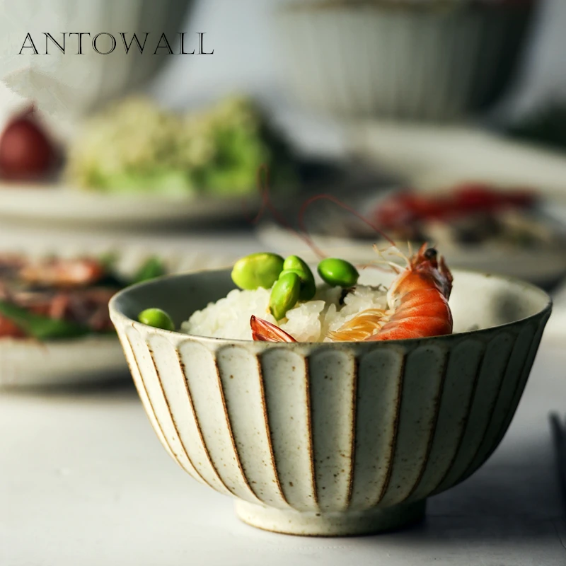 ANTOWALL 1pc Japanese style stoneware tableware home retro ceramic bowl fish plate dinner plate soup noodle salad bowl rice bowl