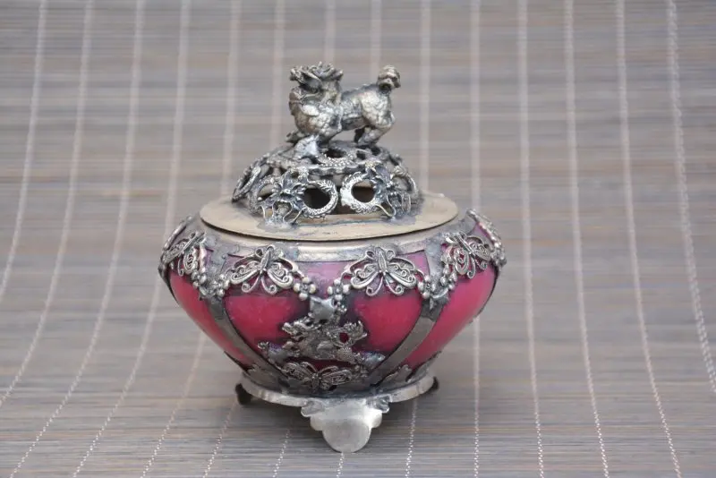 

Antique Old QinDyansty silver&jade censer,Kirin & Butterfly, bring good luck, get rid of evil,Free shipping