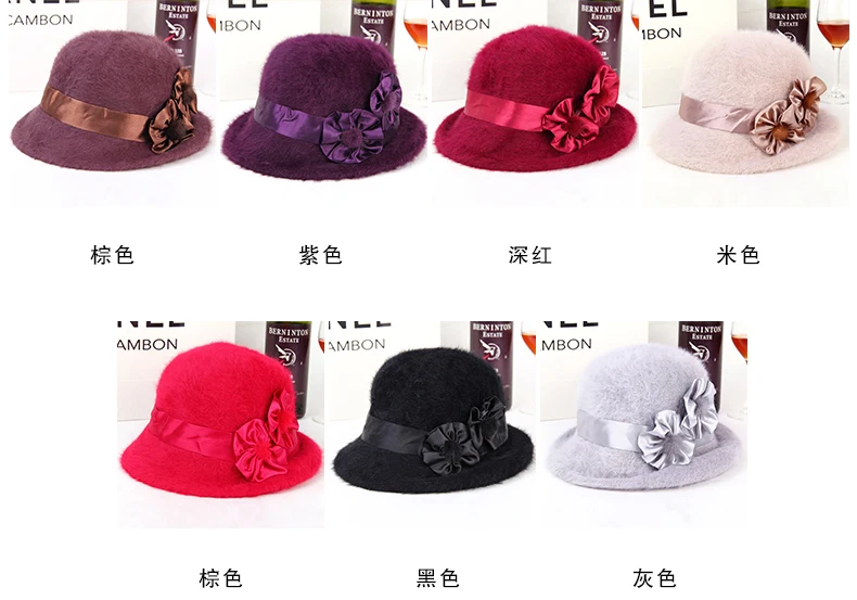 Free Shopping Fashion And Elegant Cap Female Fedoras Winter Pure Rex Rabbit Hat Keep Warm Caps Flower Decoration Fedoras Hats