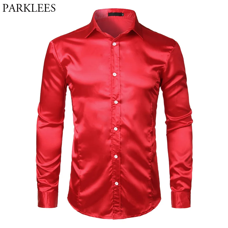 Men\'s Slim Fit Silk Satin Dress Shirts Wedding Groom Stage Prom Shirt Men Long Sleeve Button Down Shirt Male Chemise Homme Red