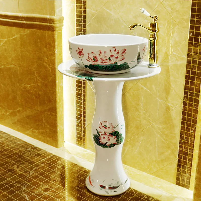 Pedestal Washbasin Ceramic Household Bathroom Toilet One Floor Hand Washing Pool lotus with fish pattern Pedestal Wash Basin