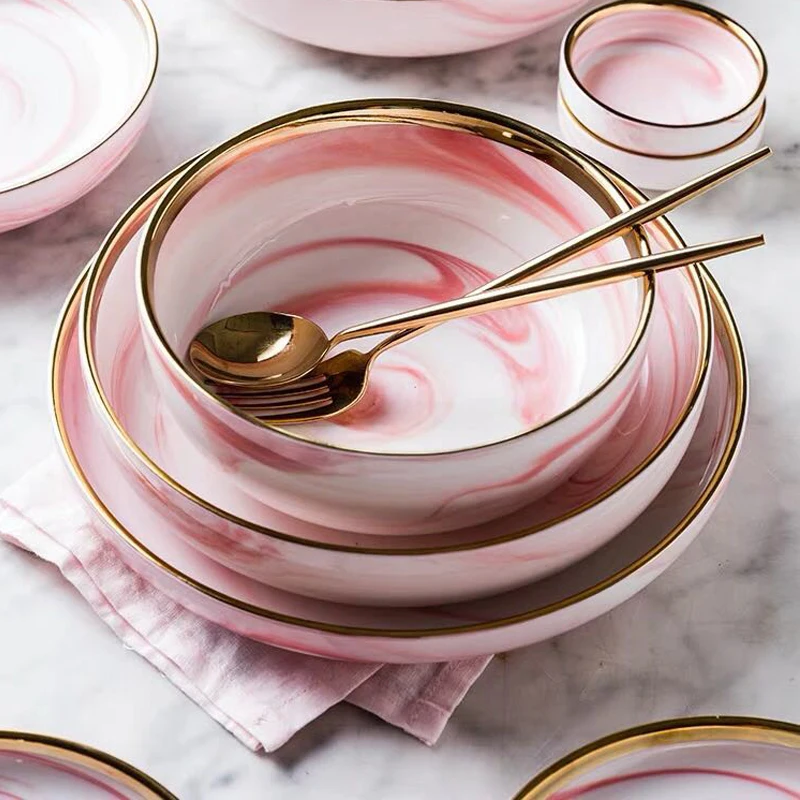 1pc Pink Marble Ceramic Dinner Dish Plate Rice Salad Noodles Bowl Soup Plates Dinnerware Sets Home Tableware Kitchen Cook Tool