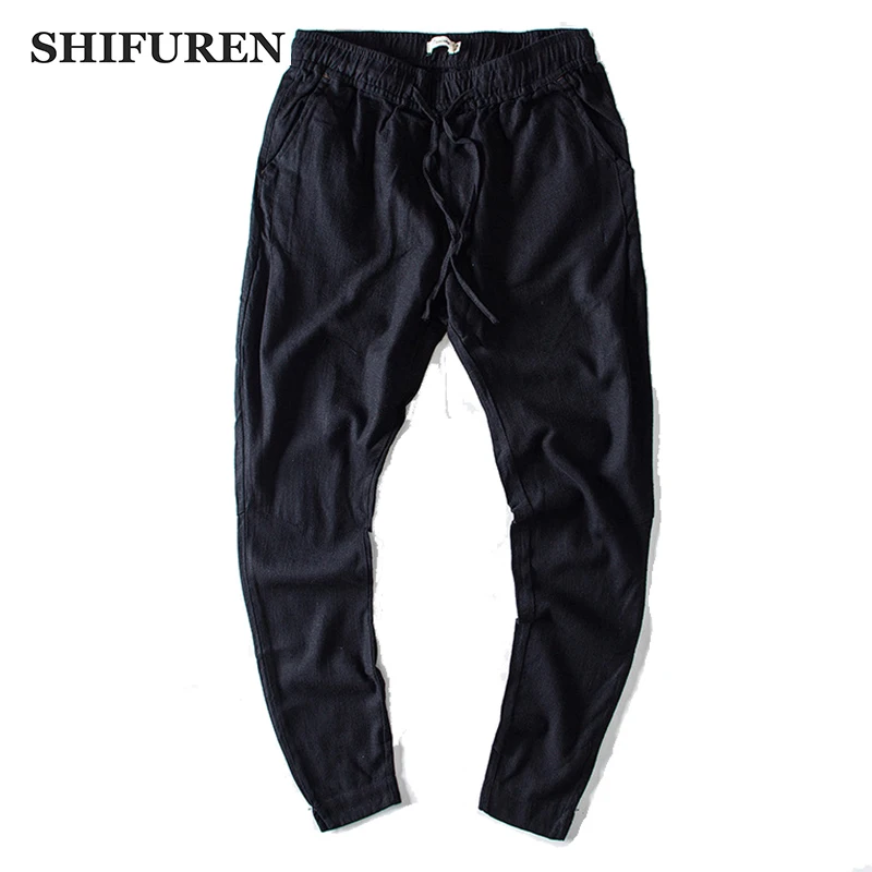 

SHIFUREN New 2018 Casual Pants Men Elastic Waistband Drawstring Trousers Breathable Washed Linen Cotton Harem Pants Ankle-Length