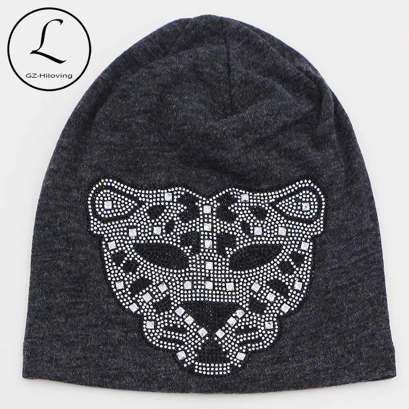 

2017 New Rhinestone Oversized Beanie Hats For Women Girls Leopard Cotton Polyester Beanie Hats For Women Winter Knit Beanies Hat