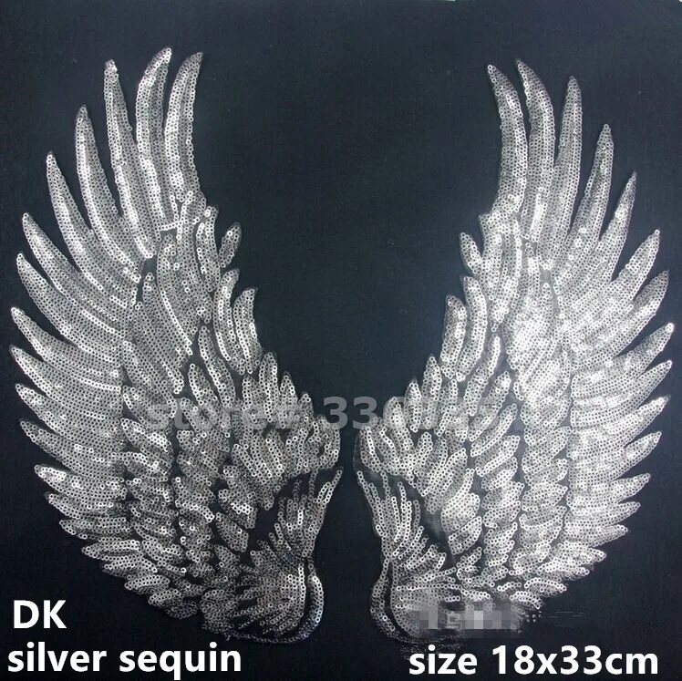 

33 x18cm 10 pairs silver Sequin wing sparkling sew on patch shine biker vest patch embroidered Badge Jacket Motorcycle applique