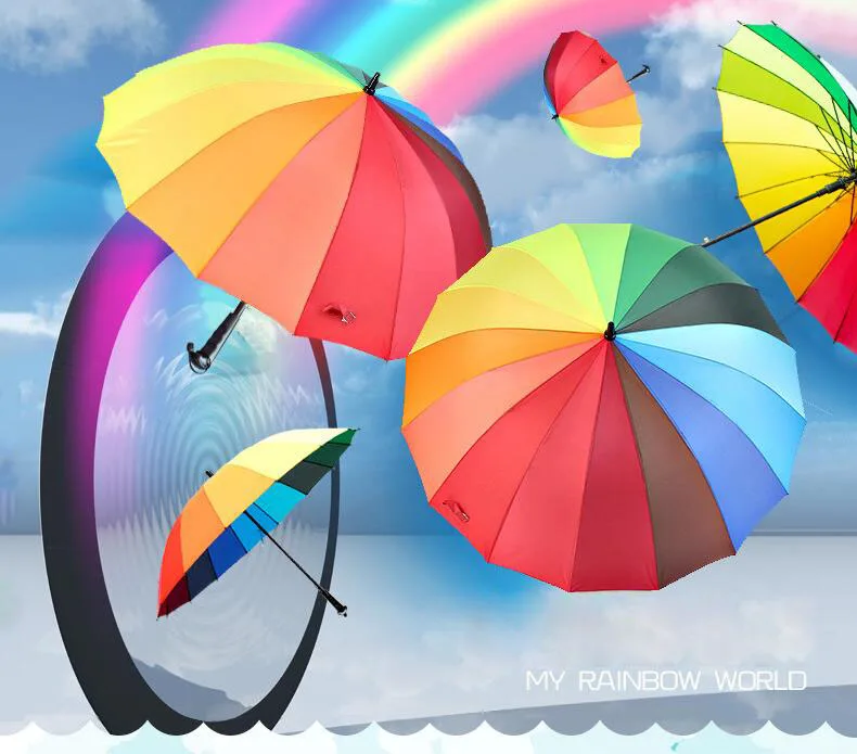 Rainbow umbrella 16 long shank bone rainbow umbrella Pure color rods sunshade cloth rain gift umbrella lighting strike DHL gift