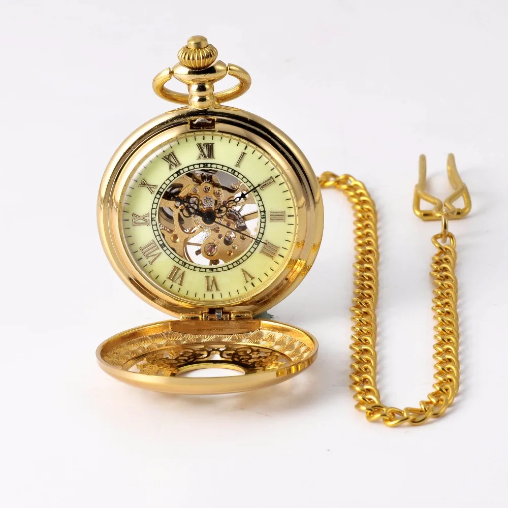 8929    Gold Flower Mechanical Pocket Watch Men Antique Luxury Brand Necklace Pocket & Fob Watches Chain Male Clock