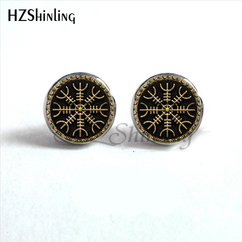 NES-004  Norse Viking Ear Stud Cross in Rune Circle Earrings Compass Studs Earring Jewelry Glass Cabochon Earrings Post HZ4