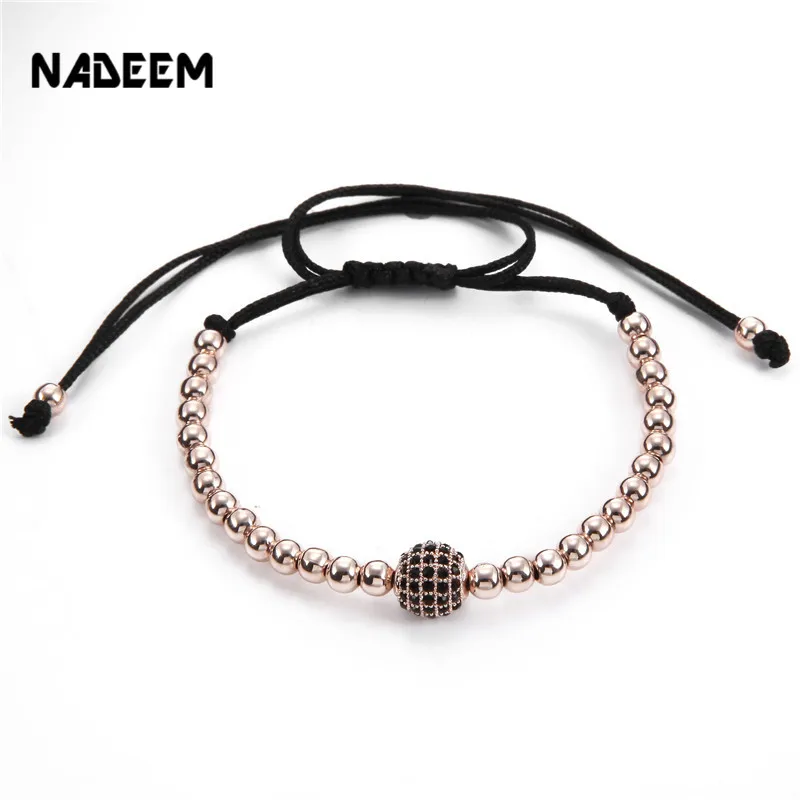 NADEEM Drop Shipping Gold Color Anil Arjandas 8mm Pave Setting Black CZ Copper Ball Bead Braiding Bracelet Women Gift Jewelry