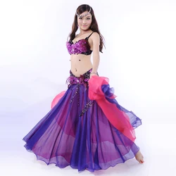 Stage Performance Belly Dancing Costumes Oriental Style Rhinestone Bra with Feather, Tassel Belt Chiffon Skirt Belly Dance 3pcs