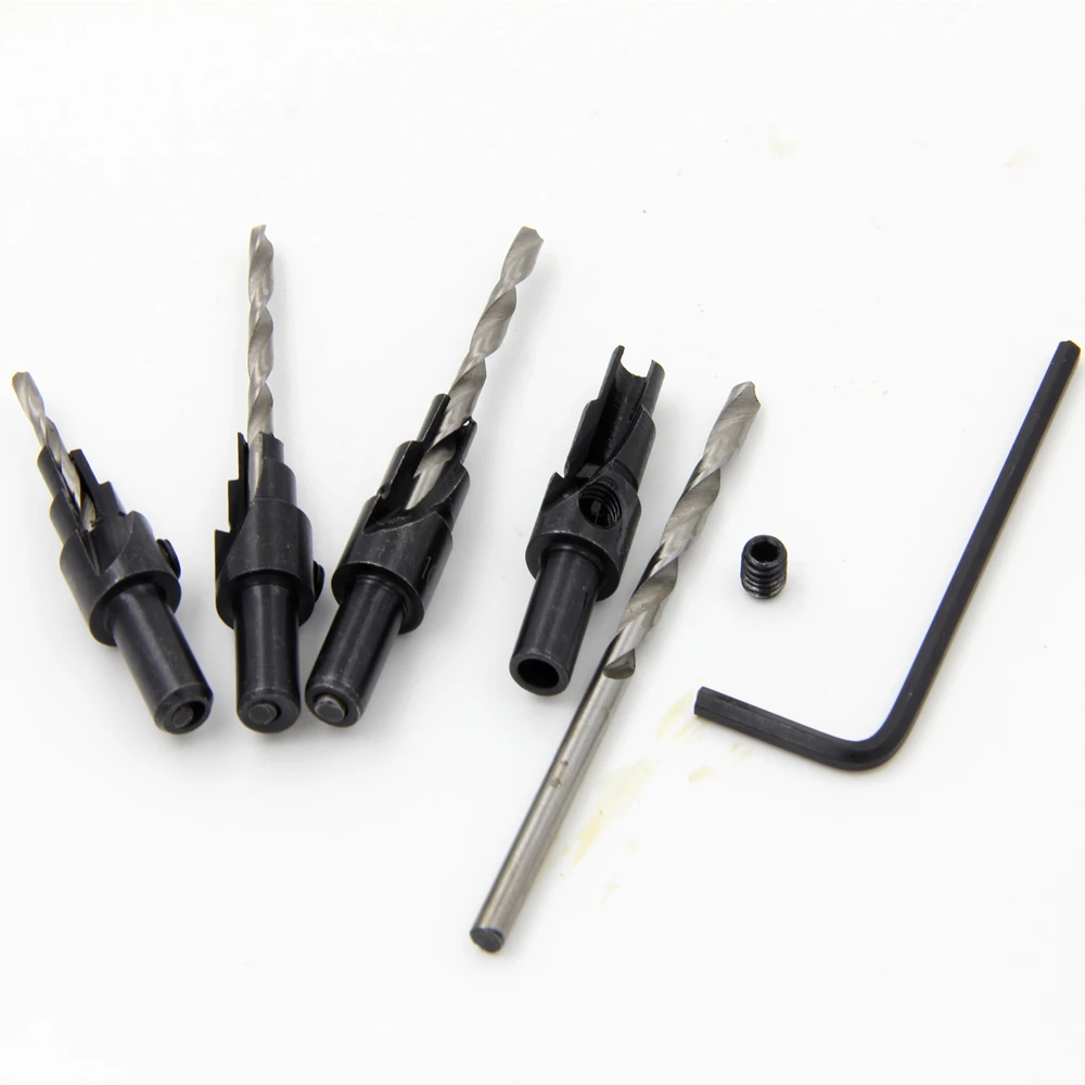4Pcs HSS Round Shank เครื่องเจาะ Bits Tapper เครื่องมือ Woodworking Pilot รูขนาด #6 #8 #10 #12 1ประแจ