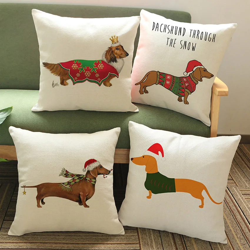 German Dachshund Dog Christmas Decorative Sofa Throw Pillow Case Cotton Linen Square Cushion Cover Xmas Costumes Pillow Covers