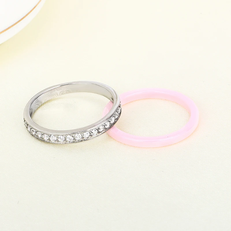 2pcs/Set Fashion Lovely Pink Ceramic Rings Plus One Half Rhinestone Rings for Women Men Clear Crystal Wedding Female Teen Gift