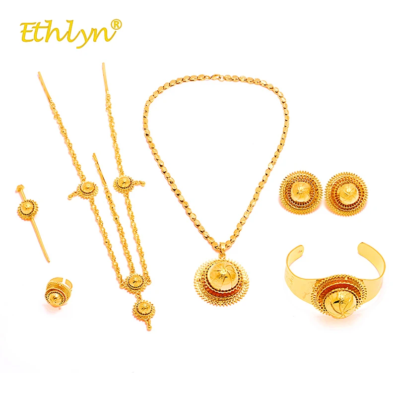 Ethlyn Jewelery Sets for Women Ethiopian African Luxury Gold Color Wedding Jewelry Set 6pcs ladies jewellery sets Big Earrings