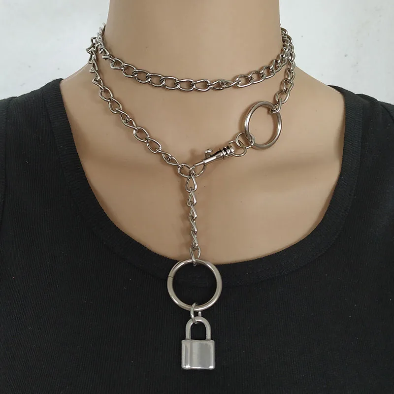 Handmade Collar Unisex Padlock Pendant Necklace Long Metal Chain Choker for Men Women Girls Boys Friend Gift