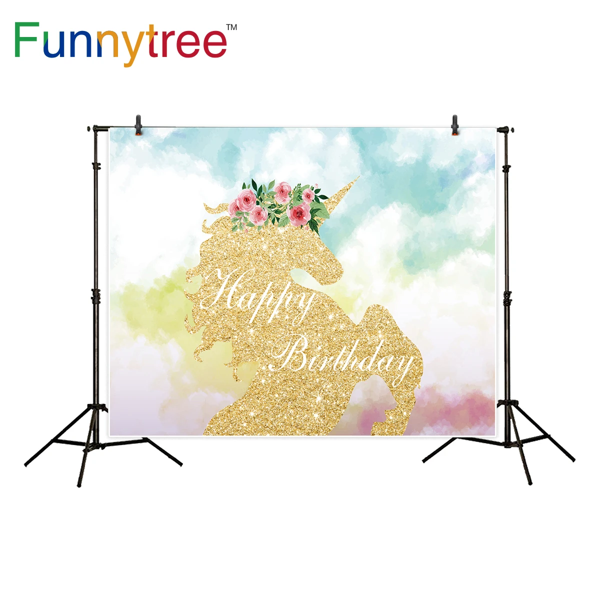 Funnytree background for photography gold unicorn colorful sky flower birthday party decor backdrop photo studio photocall new