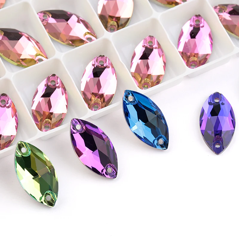 Colorful Navette AAAAA Crystal Glass Rhinestone Sewing Stone Crystal AB Flatback Strass Sew On Rhinestones For Clothing QIAO