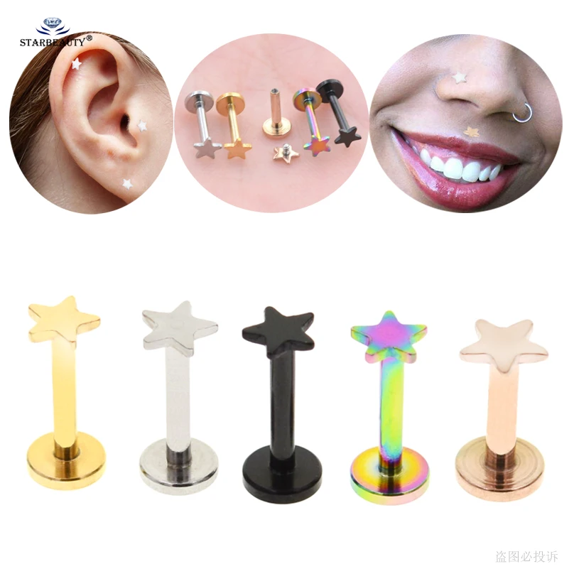2pcs 1.2x6/8mm Star Labret Lip Ring Nose Ring Nose Piercing Helix Piercing Nariz Tragus Cartilage Earrings Ear Piercing Jewelry