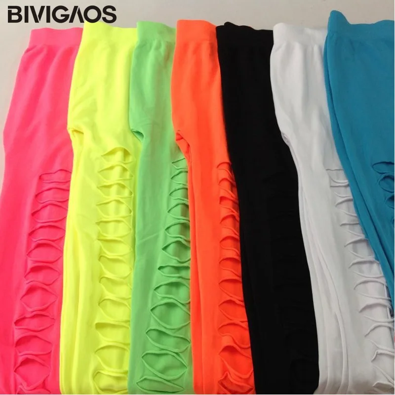 BIVIGAOS Fashion Hot Sale Womens Gothic Punk Candy Color Front Holes Sexy Low Waist Elastic Leggings Fitness Pants Pantalones