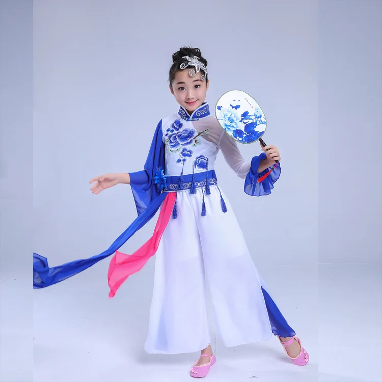 Trajes para crianças hanfu, roupa de dança, porcelana azul e branca, yangge, roupas nacionais, performance de palco