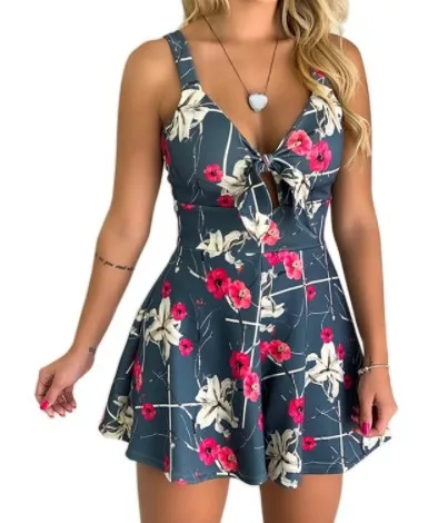 2019ฤดูร้อนเซ็กซี่ผู้หญิง Jumpsuit Romper Jumpsuit ผู้หญิง Playsuits พิมพ์แขนสั้น Laides ดอกไม้ Bodysuit กางเกงขาสั้นกางเกง