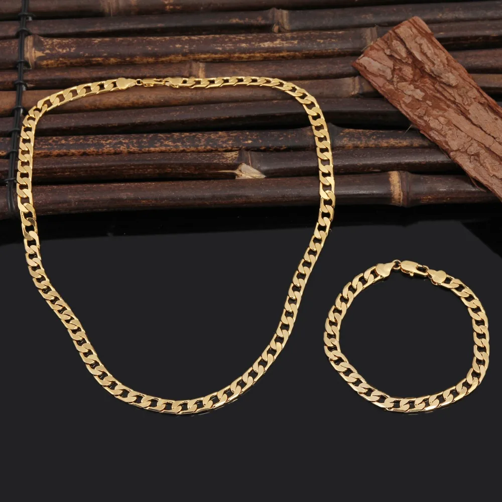 Bangrui Width 7mm 50cm & 21cm Jewelry New Golden Color Chain Necklace Bracelet Classical Set