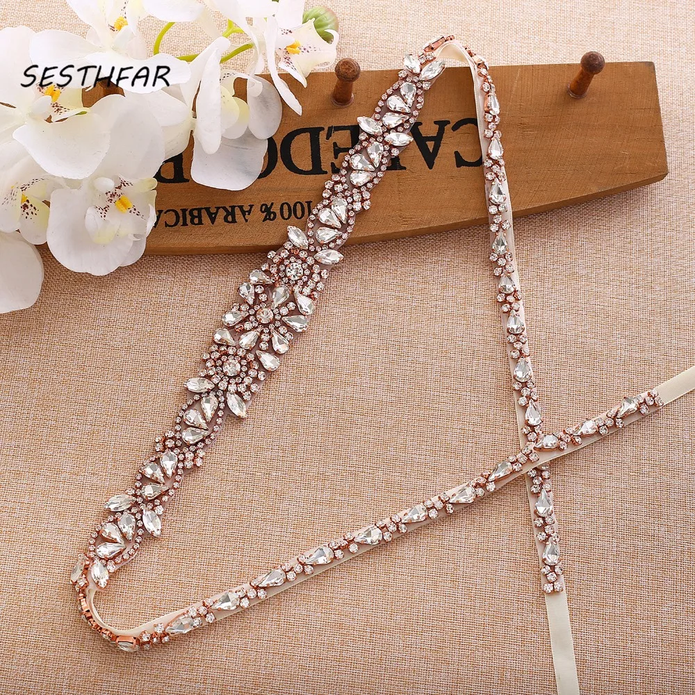 SESTHFAR Bridal Belt Crystal Flower Wedding Sash Rose Gold Rhinestones Wedding Belt Sash For Bridemaids Dresses