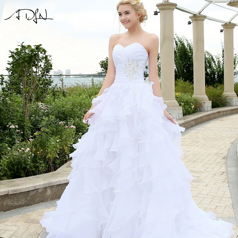 ADLN Stock Ball Gowns Wedding Dresses with Ruffles White Ivory Organza Beaded Plus Size Bridal Dress Robe de Mairee