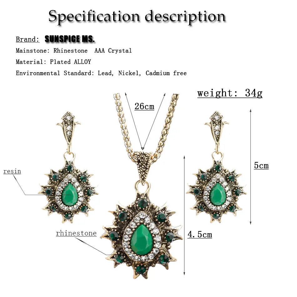 2018 India Vintage Look Jewelry Sets Pendants Necklace Drop Earring For Women Bronze Color Mosaic Red Resin Turkish Party Gifts