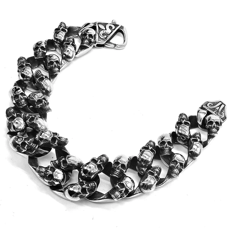 AMUMIU Cool Skull Men Bracelet Jewelry Stainless Steel Skeleton Chain Heavy Puck Jewelry 8.5