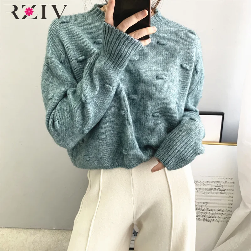 RZIV Autumn women sweater casual solid color knitted sweater round neck long-sleeved sweater crochet design