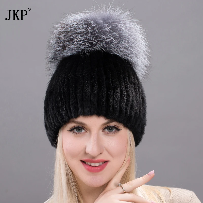 Real Mink Fur Hat For Winter Women Imported Knitted Mink Cap With Fox Fur 2022 New Hot Sale High Quality Female Beanies DHY17-04