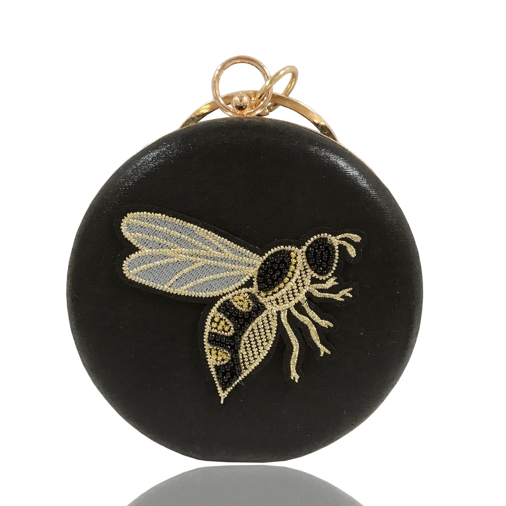 

DAIWEI Women Shoulder Bag Round Shape Hard Box Clutch PU Leather Party Purse Evening Clutch Bags Bee Embroidery Handbag