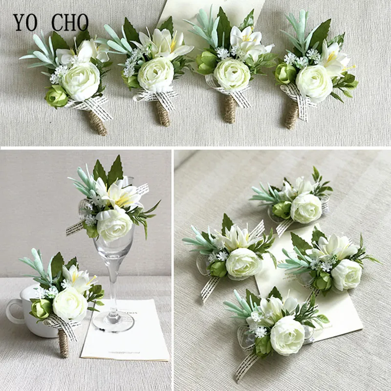 YO CHO Wrist Corsage White Rose Silk Flower Cuff Bracelets Bridesmaid Buttonhole Boutonniere Flower Marriage Wedding Accessories