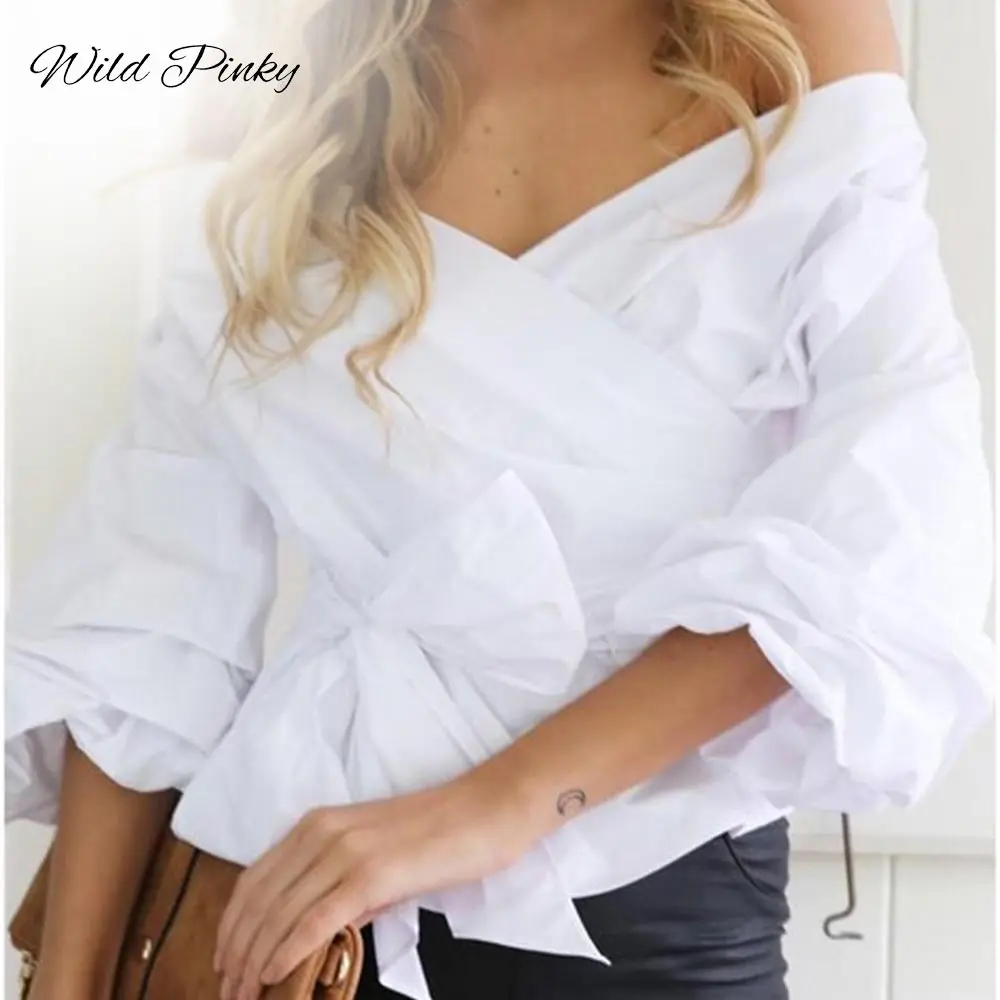 WildPinky Ruched Tay Áo Quấn Trắng Áo Sơ Mi Phụ Nữ Giản Dị Áo Tắt Vai Áo Sơ Mi Kẻ Sọc Top V cổ Nữ Bow Sash blusas