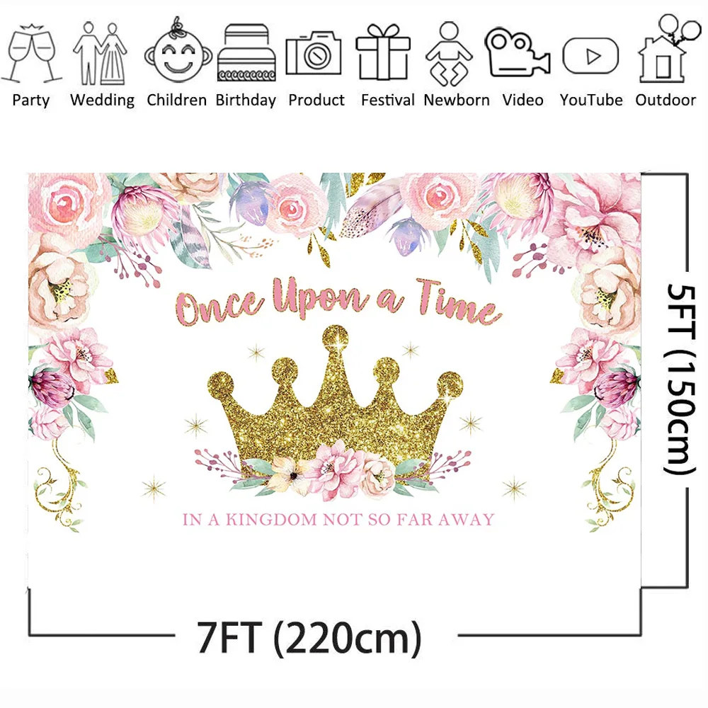  Once Upon a Time Backdrop for Photography Crown Spring Flower Background for Photo Booth Studio Computer Printed 7x5ft