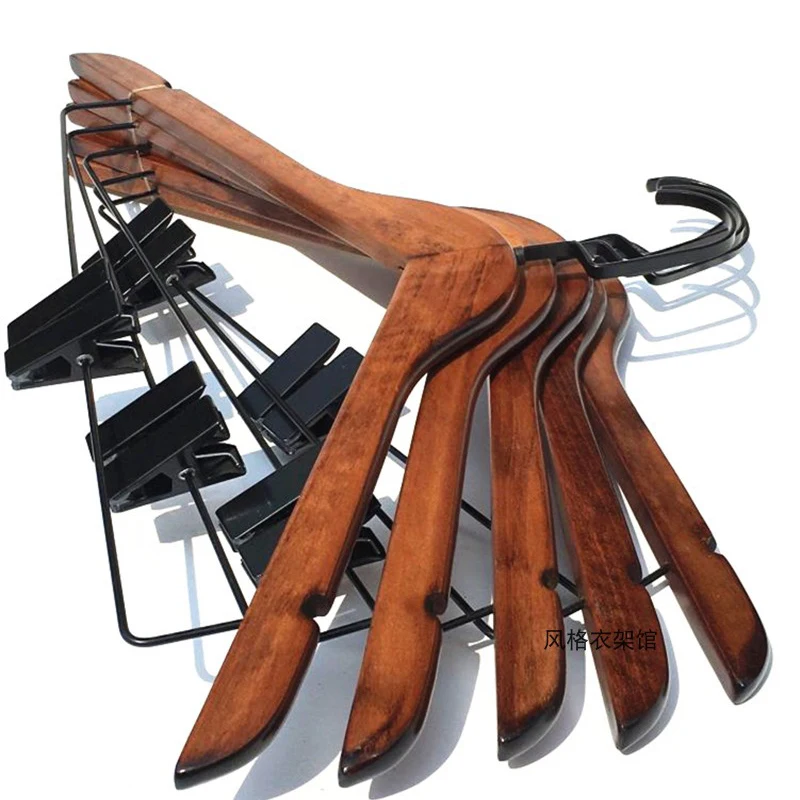 5 pcs/lot Retro Solid Wood Clothes Hangers with Clips Anti-skid Shoulder Traceless Clothing Hanging Retro Color Wooden Pant Rack