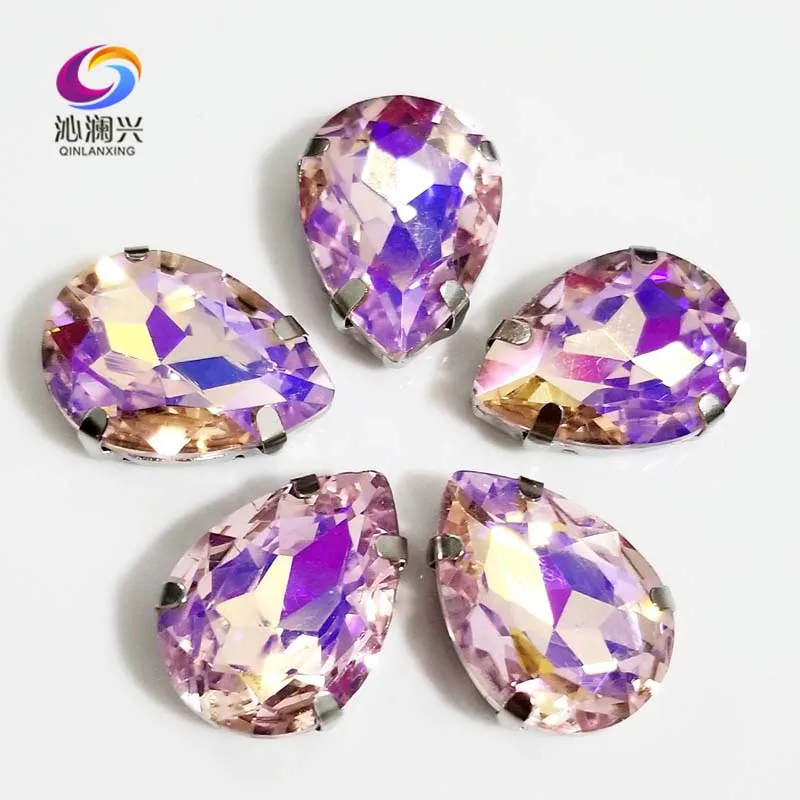 

Super beauty Pink AB color drop shape Glass Crystal sew on claw rhinestones with holes,Diy Clothing accessories SWS29