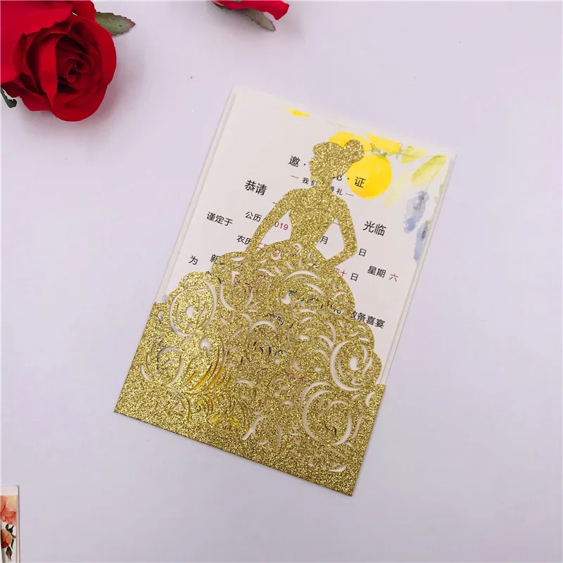 Free Shipping 50Sets Gold/Silver/Rose red/Pink Glitter Paper Princess laser cut wedding invitation cards 4 Girls' birthday bride