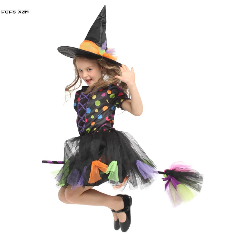 Girls Halloween Gothic Witch Costumes Kids Children Magician Sorceress Cosplays Purim Carnival Stage Play Masquerade Party Dress